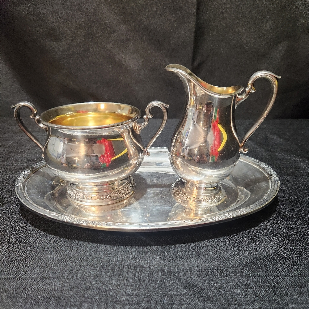 Camille Silver Tea/Coffee Set: Tray #6029, Creamer #6032, Sugar Bowl #6031